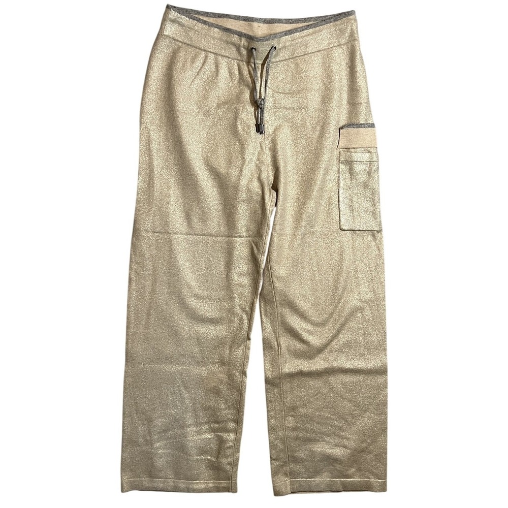 Chico's Women's Gold Shimmer Sparkle Drawstring Crop Wide Leg Activewear Pants